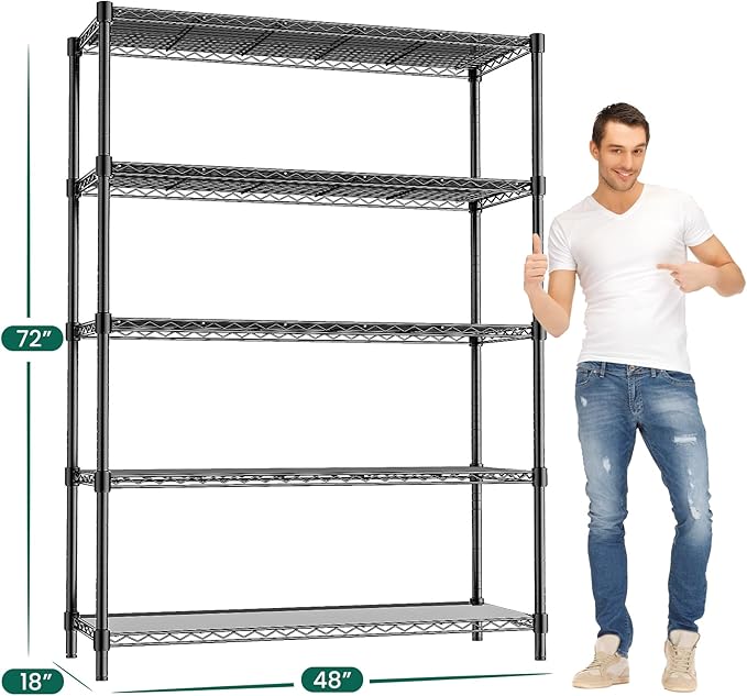48" W Storage Shelves 1875LBS Metal Shelving, 5-Tier Adjustable Wire Shelving Unit with Liners, Heavy Duty Garage Shelving Steel Rack for Commercial Pantry, 48" W x 18" D x 72" H, Black