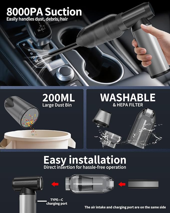 Compressed Air Duster, 2-in-1 Air Duster & Vacuum with 320000RPM Brushless Motor, Electric Air Duster Rechargeable, 3-Gear Adjustable Air Blower for Keyboard, Computer, Car, Home, Outdoor Cleaning