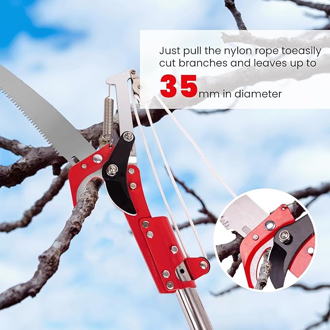 Manual Pole Saw, 3-14 ft Extendable Tree Pruner, Sharp Steel Blade and Scissors High Branches Trimming,with Lightweight 10 Handles, Protective Glasses and Gloves, for Pruning Palms and Shrubs