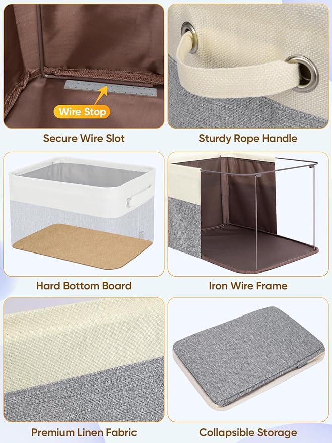 BALEINE 2 Pack Fabric Storage Bins for Shelves, Linen Storage Baskets for Organizing, Decorative Closet Bins for Clothes, Home (Grey, 17''x13''x10.5'')