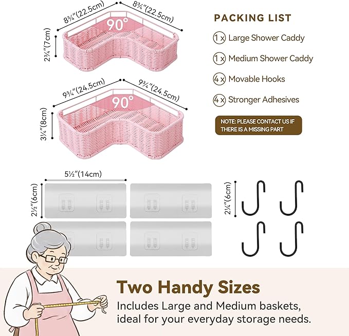 GRANNY SAYS 2 Pack Wicker Corner Shower Caddy Hanging, Shower Shelf for Inside Showers, Adhesive Shelves for Bathroom Organizers and Storage, Bathroom Shelves Wall Mounted with 4 Hooks for Decor, Pink