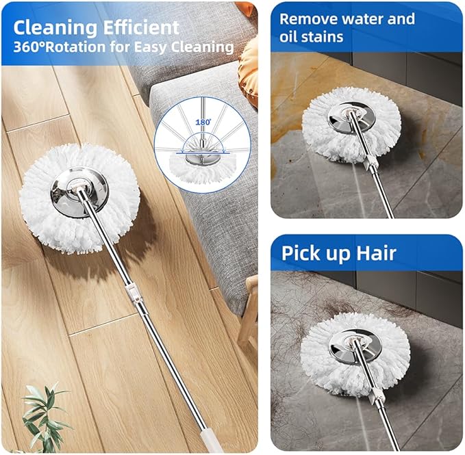 Spin Mop and Bucket with Wringer Set for Home,360° Mop and Bucket with Separate Clean and Dirty Water,Wet Dust Mop for Floor Cleaning with Extra Refills (Silver)