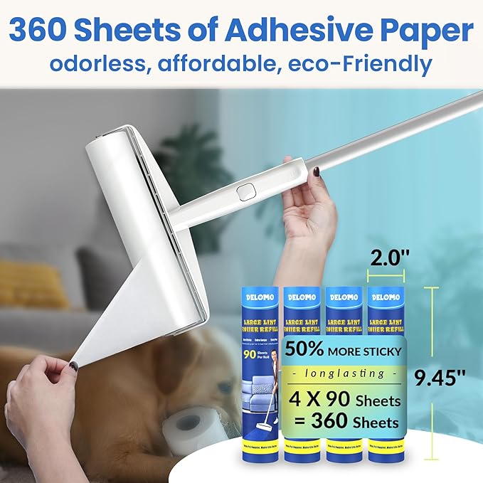 Large Lint Roller for Floors Carpet Furniture Bed – 9.45" Wide Extra Sticky Pet Hair Remover, 4 Refills 360 Sheets Value Pack, Long Handle for No-Bending Cleaning –Ideal for Dog Cat Owners Homes