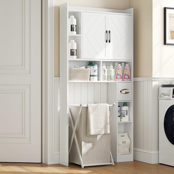 MHOM 67.8" H Over The Toilet Storage Cabinet with Adjustable Shelves & Toilet Paper Holder, Farmhouse Over Toilet Bathroom Organizer, Double Door Toilet Cabinet for Bathroom, and Laundry, White
