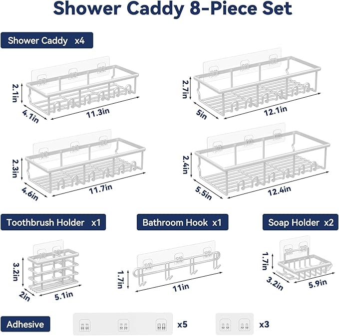 8 Pack Adhesive Rustproof Shower Caddy with Soap Dishes, Toothbrush Holder & Hooks, Large Capacity No-Drilling Shower Shelves Rack for Bathroom Organizers and Storage Accessories, Silver