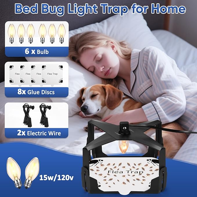 Flea Trap for Inside Your Home - 6 Bulbs & 8 Sticky Glue Boards for Bed Bug Control, Flying Insects Killer, Trap Pest Control for Bugs Gnats Moths Indoor and Outdoor（Black）