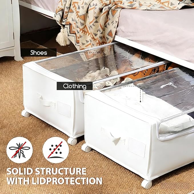 FOUCSSOMEI Under Bed Storage with Wheels, Rolling Under bed Storage with Metal Frame, Under Bed Shoe Storage for Space Saving, Zippered Clear Lid, Heavy-Duty Steel Base for Clothes, White,4XL 90L