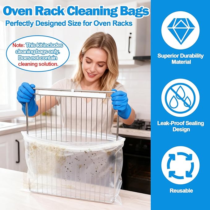 XANGNIER 9 Pack Oven Rack Cleaning Bags Kit with Brush,No Cleaner Included,Simple to Use,No Messy Hands Reusable Leakproof Soaking Cleaner Bags for Removable Metal Rack,BBQ Grills,Grill Grate