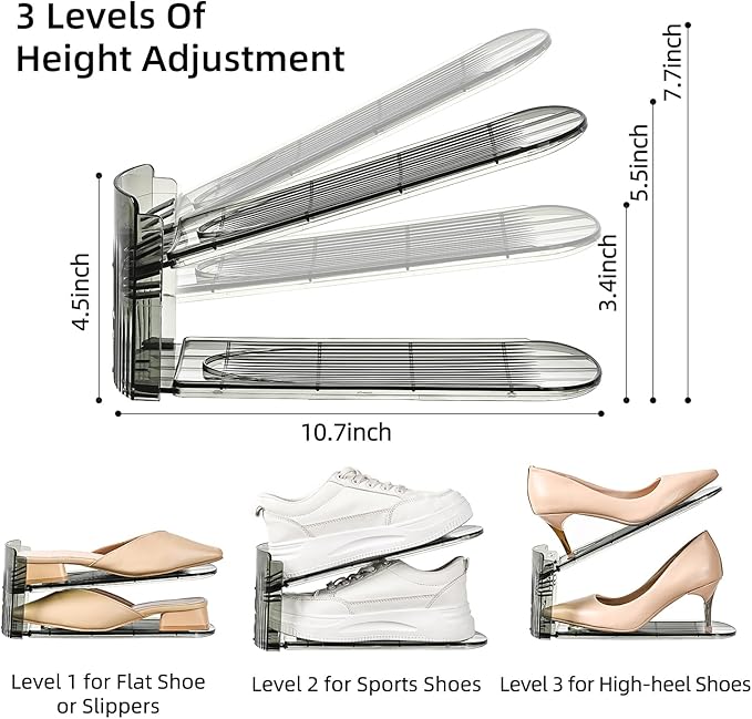Shoe Slots Organizer, Clear Shoe Stacker, Adjustable Level Shoe Rack,Storage Space Saver for Sneakers Display (Grey Transparent, 20Pack)