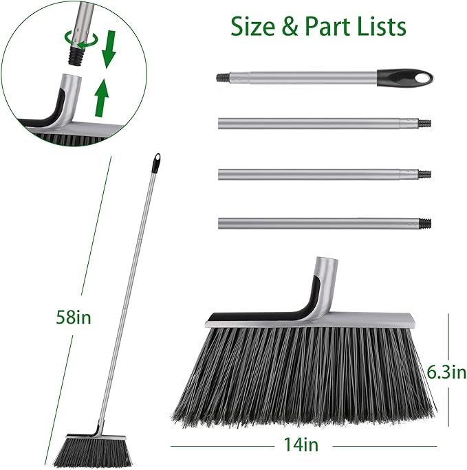Indoor/Outdoor Broom for Floor Cleaning with 58 inch Long Handle, Angle Brooms Heavy Duty for Home Garage Kitchen Office Courtyard Lobby Lawn Concrete (Gray)