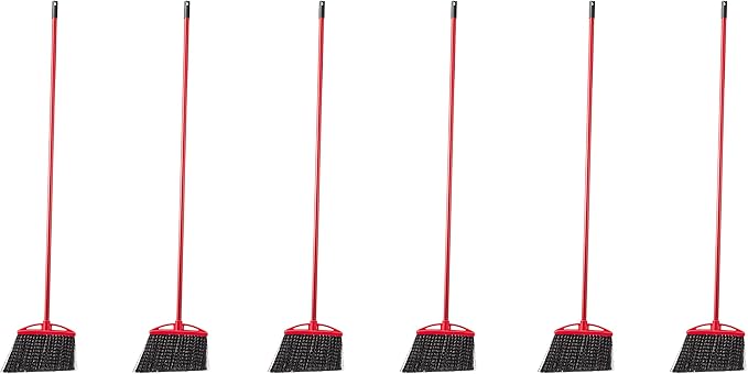 Amazon Basics Angle Broom With Metal Handle for Floor Cleaning and Sweeping, 11 inches Wide, 6-Pack, Black & Red