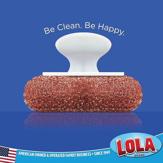 LOLA Copper Mesh Scouring Pad w/Comfort Knob, Heavy Duty Cleaning Pads, Knitted Wire Mesh, Cleans Caked-On & Baked-On Messes