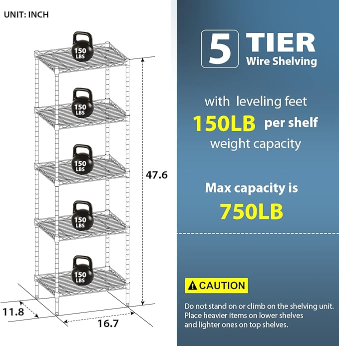 BestOffice Adjustable NSF-Certified Metal Shelf Wire Shelving Unit Storage for Small Places Restaurant Garage Pantry Kitchen Garage Rack (Chrome, 16.7L×11.8W×47.6H)