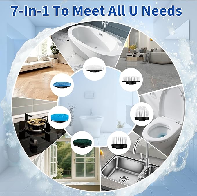Electric Spin Scrubber, Hillyfe Bathroom Scrubber Electric with 7 Replaceable Brush Heads, IPX7 Waterproof,300/400 RPM, 3 Adjustable Length,Scrubber Brush Electric for Bathtub Floor,White