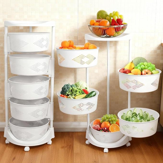 5-Tier Rotating Kitchen Organizer Rack with Wheels, PP Plastic Storage Shelf with Baskets for Countertop, Pantry, Bathroom & Home, Space-Saving Multifunctional Display Stand