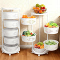5-Tier Rotating Kitchen Organizer Rack with Wheels, PP Plastic Storage Shelf with Baskets for Countertop, Pantry, Bathroom & Home, Space-Saving Multifunctional Display Stand
