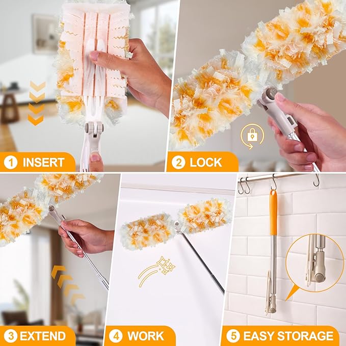 Gelibo 6ft Extendable Duster Handle with 5 Refills,Compatible with Swiffer,360°Rotating Ceiling Fan Dusters with Lock, Heavy Duty Microfiber Dusting Pads for Home Cleaning,Blinds,Hard-to-Reach Areas