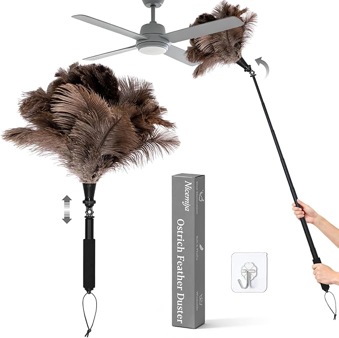 Extendable Ostrich Feather Duster with 17-42 inch Rotatable Aluminum Alloy Pole, Natural Fluffy Reusable Feather Duster for Cleaning High Ceilings, Pendant Lamps, Blinds, Furniture and Roof