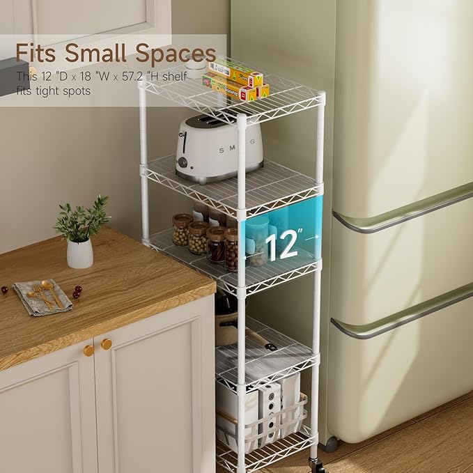 Golpart Small 5 Tier Shelves Storage Wire Shelving Unit Metal Shelf Adjustable Organizers Storage Shelving with Wheels for Bathroom Laundry Room Kitchen Pantry12”D x 18”W x 57.2”H White