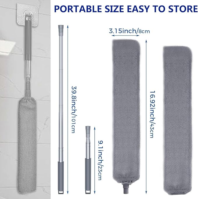 Retractable Gap Dust Cleaner with Extension Pole, Cleaning Tools with 2 Microfiber Dusting Cloths, Washable Extendable Long Handle Gap Dusters for Sofa Bed Furniture Bottom (2pcs Duster Cloths)