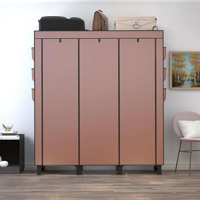Portable Wardrobe with 10 Storage Racks and 2 Hanging Poles 6 Side Pockets Fleece Cover, Size 130 x 45 x 172 cm, Bedroom Closet Organizer (Coffee)