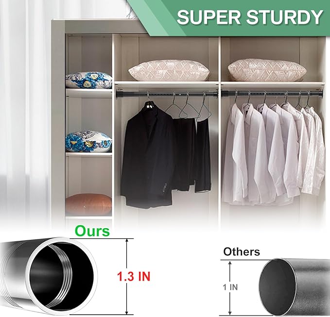 Closet Rods for Hanging Clothes, 1.3 Inch Diameter Heavy Duty Closet Rod 17-39 Inch Adjustable Clothes Hanging Bar Metal Black Shower Curtain Rods for Closet, Wardrobes, Bathroom, Windows