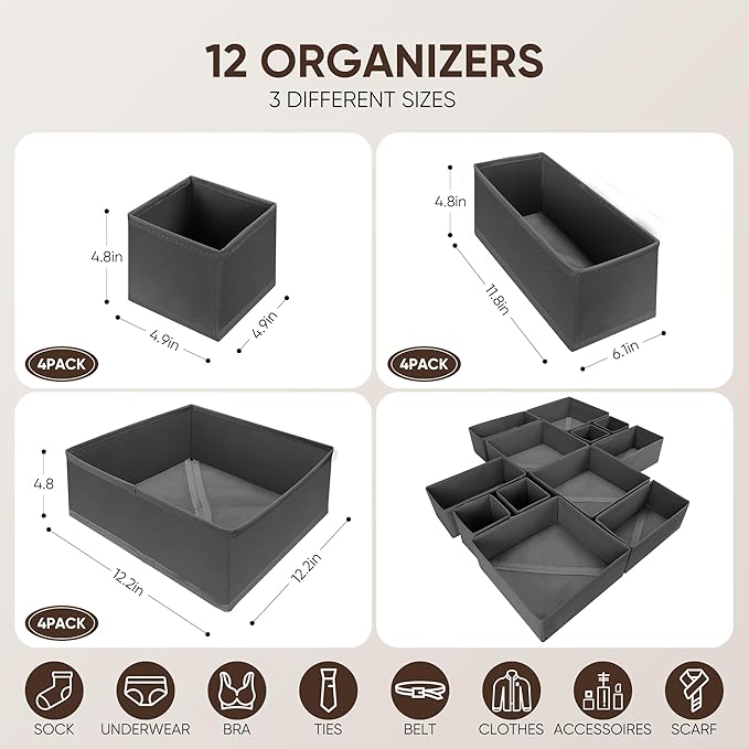 12 Pcs Drawer Organizer Clothes – Dresser Organizers for Baby Clothes, Underwear, Socks & Bedrooms – Foldable Storage Bins for Closet & Nursery – Fabric Drawer Dividers for Shelves (Grey)