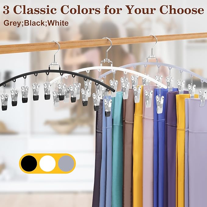 2 Pack Legging Organizer for Closet 360° Swivel, Space Saving Metal Gym Clothes Hangers w/20 Clips Holds 20 Leggings, Closet Organizers and Storage, Room Organization Essentials, White