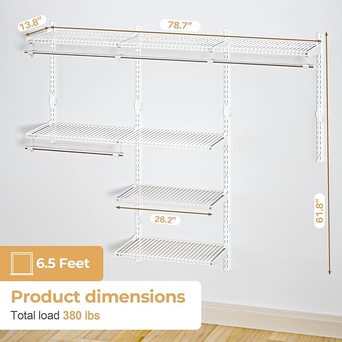 Wire Closet Organizer System, Wall Mounted 6.5 Ft. Custom Closet Kit for Bedrooms Laundry Mudroom Garage Basement, Adjustable Storage Shelves for Clothes Shoes Handbags