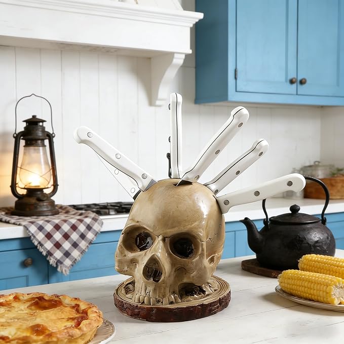 Skull Knife Holder for Kitchen Storage, Funny Skeleton Knife Holder, Creative Horror Kitchen Storage Head Rack, Skeleton Knife Stand for a Scary Party, Unique Fruit Storage Rack Decoration