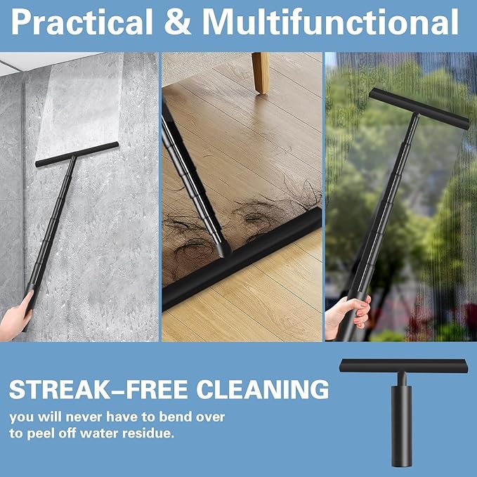 Professional Shower Squeegee for Glass Doors,12 Inch Squeegee for Shower Glass with Extension Pole,Telescoping Window Squeegee for Glass Door, Tile Wall, Car,Floor