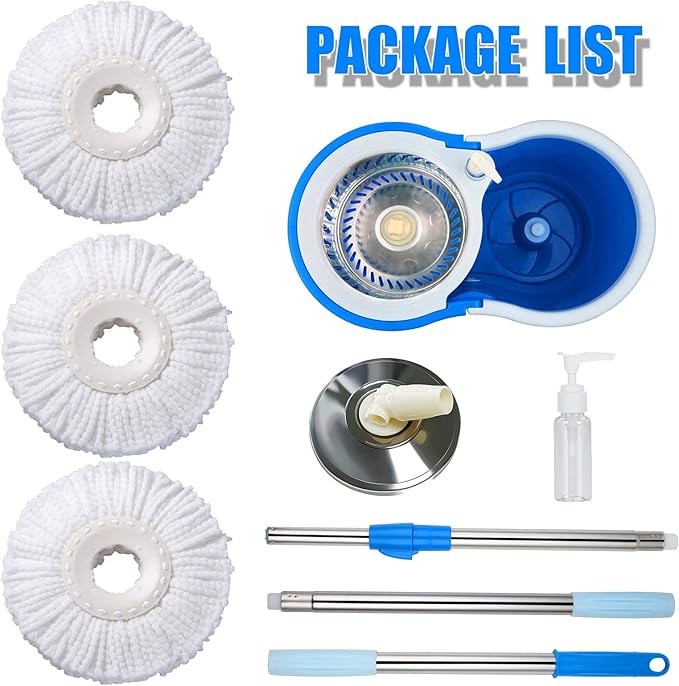 Spin Mop and Bucket System | 360 Spin Mop and Bucket with Wringer Set | Mops for Floor Cleaning | 3 Microfiber Mop Replacement Head Refills | 61" Extended Handle | Wet and Dry Use Floor Mop