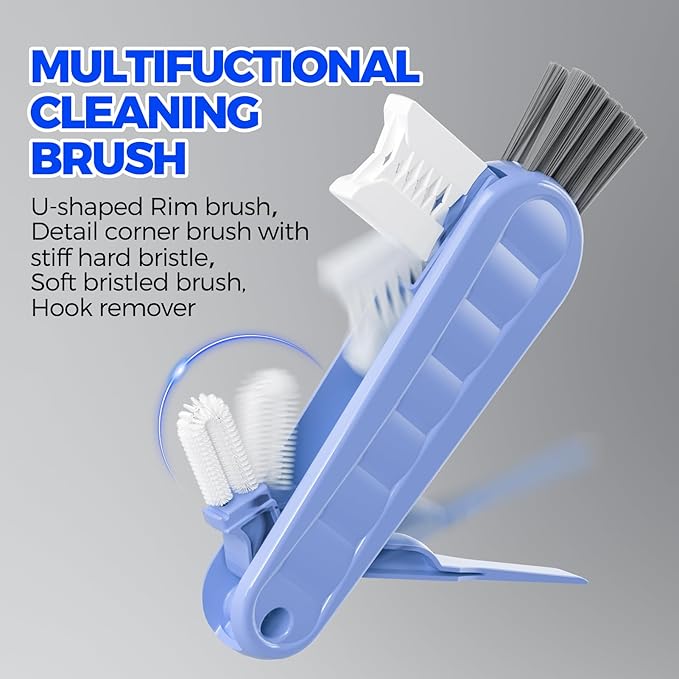 6 Pack Holikme 4 in 1 Cup Lid Cleaning Brush Set with 3 Straws, Multifunctional Bottle Brush, Silicone Cup Lid Gap Cleaner, Durable Bristle Crevice Cleaning Brush, Blue