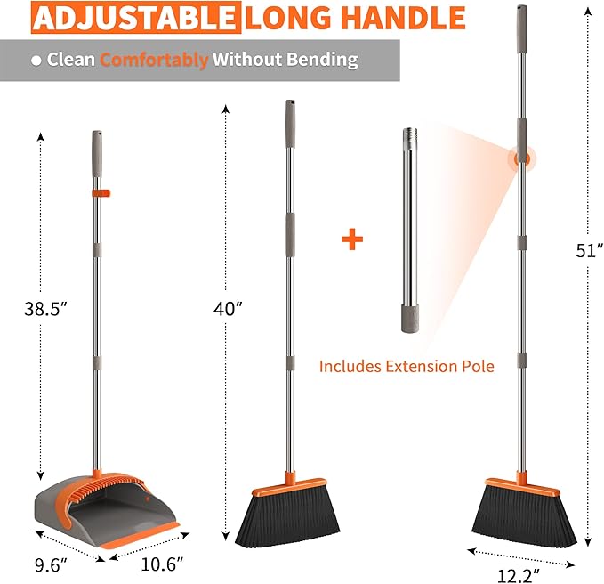 Upgraded Broom and Dustpan Set, 52" Long Handle Standing Combo with Self-Cleaning Teeth – Perfect for Pet Hair, Kitchen, Office, Home, Indoor & Outdoor Cleaning(Orange & Gray)