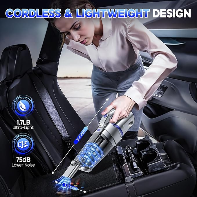 Gxzsk Handheld Vacuum Cordless, 16000PA Strong Suction Hand Held Car Vacuum Cleaner, Portable Hand Vacuum Rechargeable with Multi-Nozzles & LED Light for Home, Car, Office, Pets