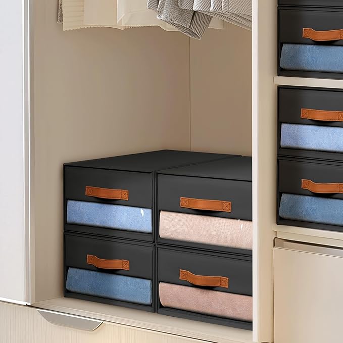 DIMJ Closet Organizers and Storage - Foldable Storage Bins with Drawers Fabric Stackable Storage Drawers with Clear Window,Fabric Clothes Organizers and Storage Drawers for Closet, 6-Pack, Black