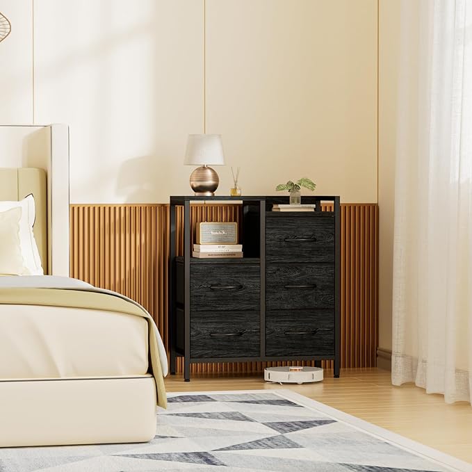 Furnulem 5 Drawer Black Dressers for Bedroom 2 Tier Shelf Storage Small Fabric Dresser for Closet Sturdy Metal Frame Modern Style Storage Cabinets Organization Units for Hallway Rooms