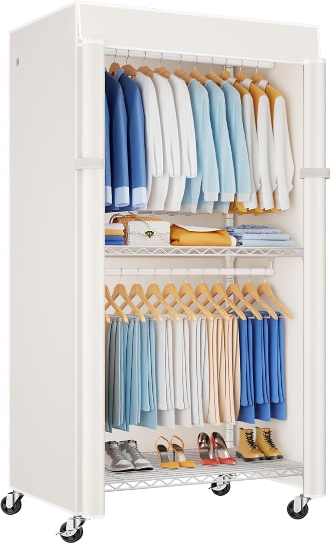 ULIFHOME P8C Heavy Duty Clothes Rack（With Extended Width Design） Rolling Clothing Racks for Hanging Clothes with Lockable Wheels，31.5" W x 15.8" D x 80.5" H，Max Load 600LBS，White Rack with White Cover