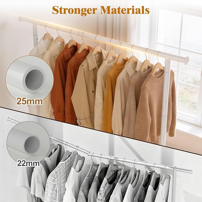 EAGMAK Sturdy Clothing Rack with Shelf, Metal Garment Rack with Leveling Feet for Hanging Clothes, Freestanding Clothes Rack for Bedroom, Apartment & Small Spaces, White