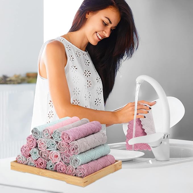 Rachan 11Pack Kitchen Dish Cloths Reusable Dish Towels,Super Absorbent Coral Velvet Cleaning Cloths for Cleaning Tableware, Kitchen, Bathroom(Pink grey10 x 6")