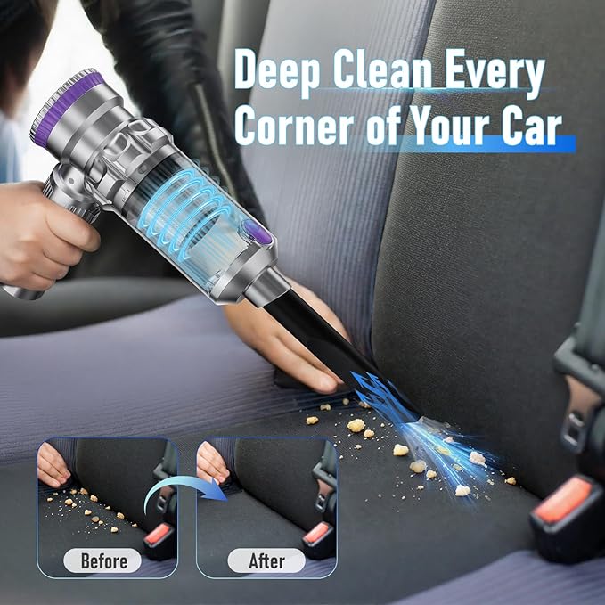 Handheld Car Vacuum Portable Cordless with 20000Pa Powerful Suction, Mini Hand Held Car Vacuum Cleaner with 3-Speed Adjustment, 90000RPM Motor, With Nozzles for Home, Pet Hair, Keyboard, Desk
