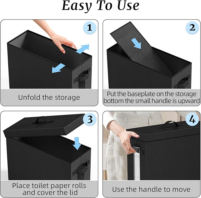NAMTSO Bathroom Toilet Paper Storage with Lid - for Up to 12 Rolls | Storage Bins with Lids for Towel or Yarn | Free Standing | Foldable | Moisture Resistant | Clear Plastic Window | Black | 1 Pack