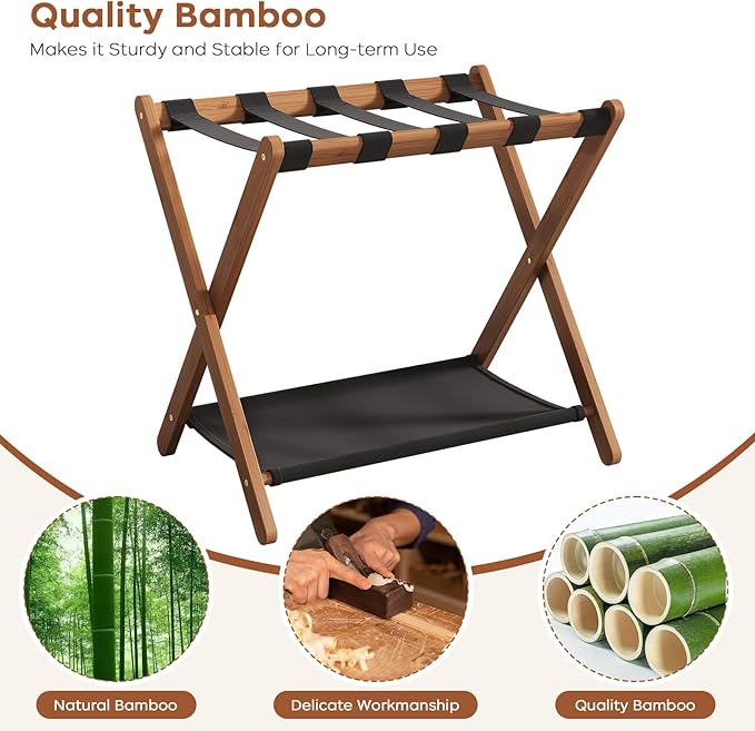 Fully Assembled Luggage Rack, Walnut Luggage Rack for Guest Room, Bamboo Folding Suitcase Stand with Storage Shelf, 5 Nylon Straps, Luggage Holder for Bedroom Hotel, 26.77"W x 16.93"D x 22.5"H, 1 Pack