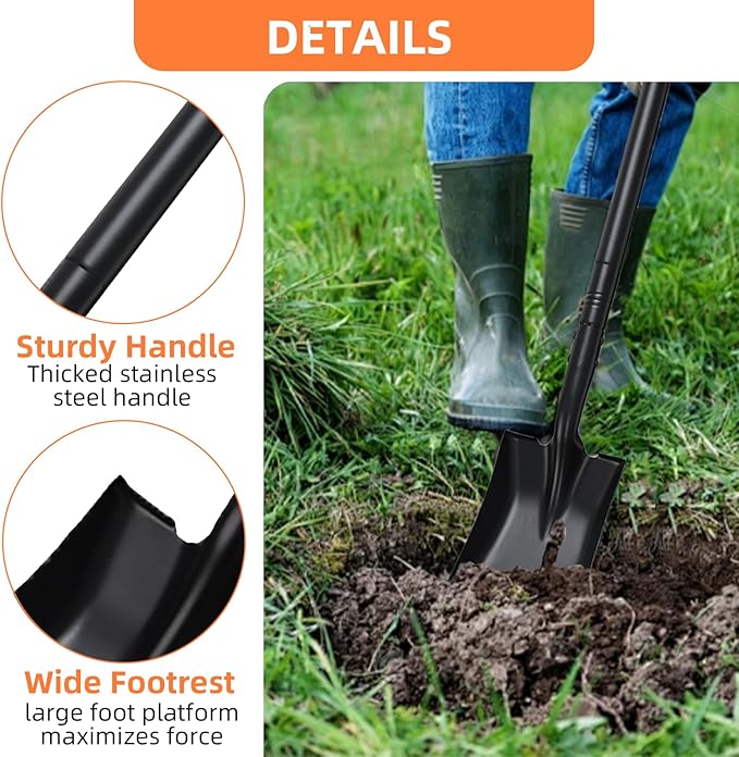 Small Square Shovel for Digging with Metal Handle, 43.3 Inch Heavy Duty Small Shovel, Trench Shovels Ideal for Digging Gardening Trenching Camping Planting Transferring, Black
