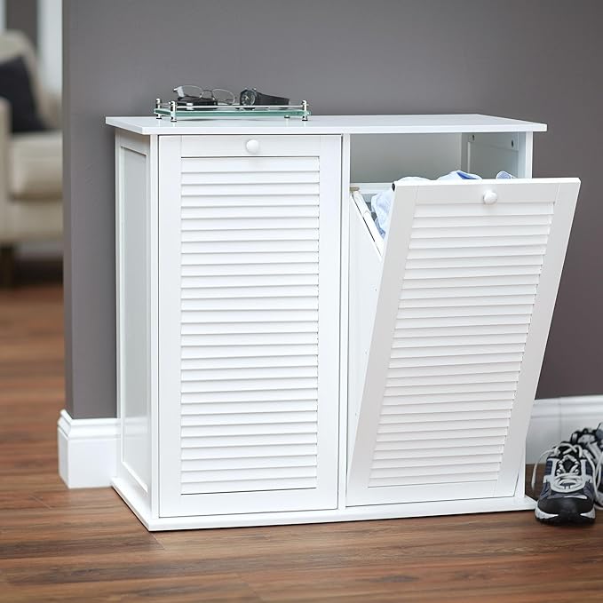 Household Essentials Tilt-Out Laundry Sorter Cabinet with Shutter Front, White, White Wood Shutter