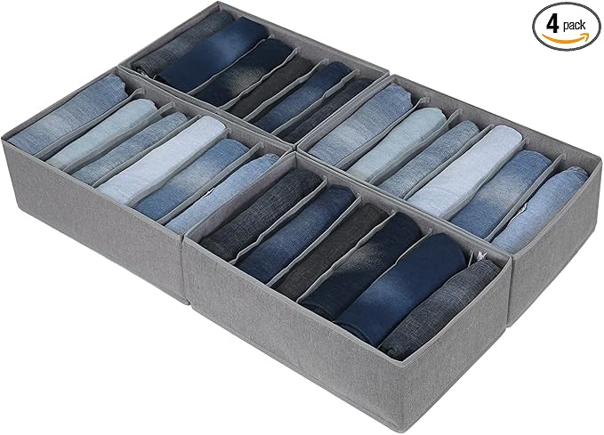Qozary Jeans Pants Organizer for Closet, 4 Pack Drawer Organizers for Clothing, 6 Grids Wardrobe Clothes Organizer, Jean Organizer for Closet, Deep Drawer, Clothes Organizer for Shirts, Legging