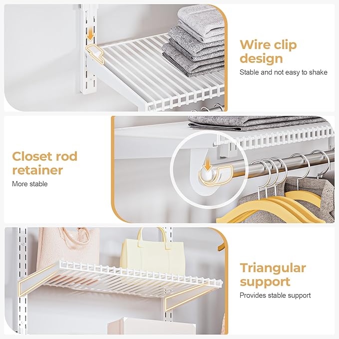 Wire Closet Organizer System, Wall Mounted 8.7 Ft. Custom Closet Kit for Bedrooms Laundry Mudroom Garage Basement, Adjustable Storage Shelves for Clothes Shoes Handbags