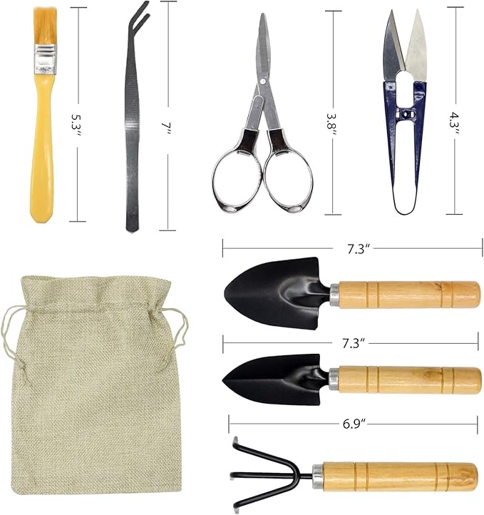 Bonsai Set 8 PCS-Mini Gardening Tools Kit for Indoor Outdoor Bonzai Include Pruner, Fold Scissors, Mini Rake, Tweezers, Cleaning Brush