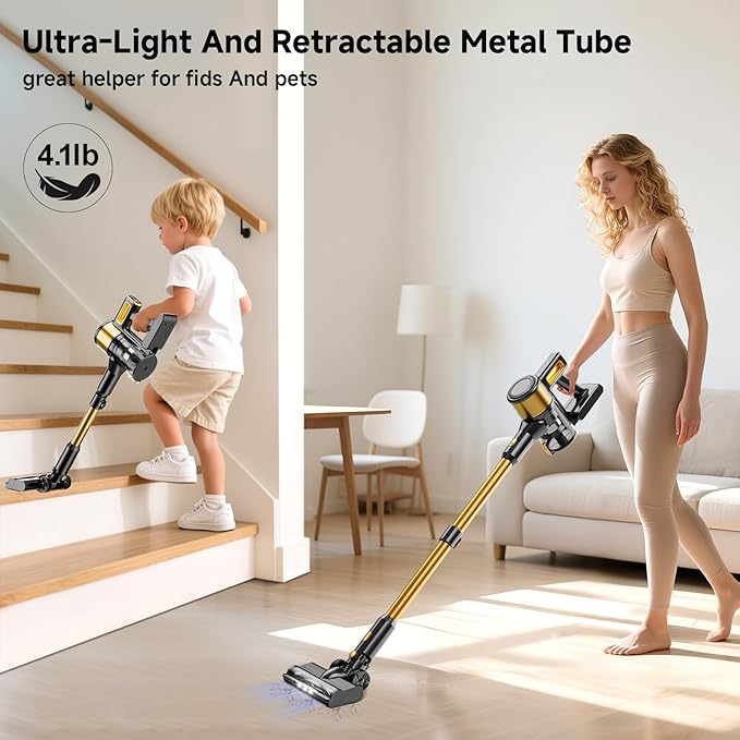 Cordless Vacuum Cleaner, 38Kpa Vacuum Cleaners for Home, 60Mins Lightweight Stick Vacuum with LED Display, Anti-Tangle & Wall Mount , 8 in 1 Lightweight Vacuum for Hard Floors Carpet Pet Hair, Gold