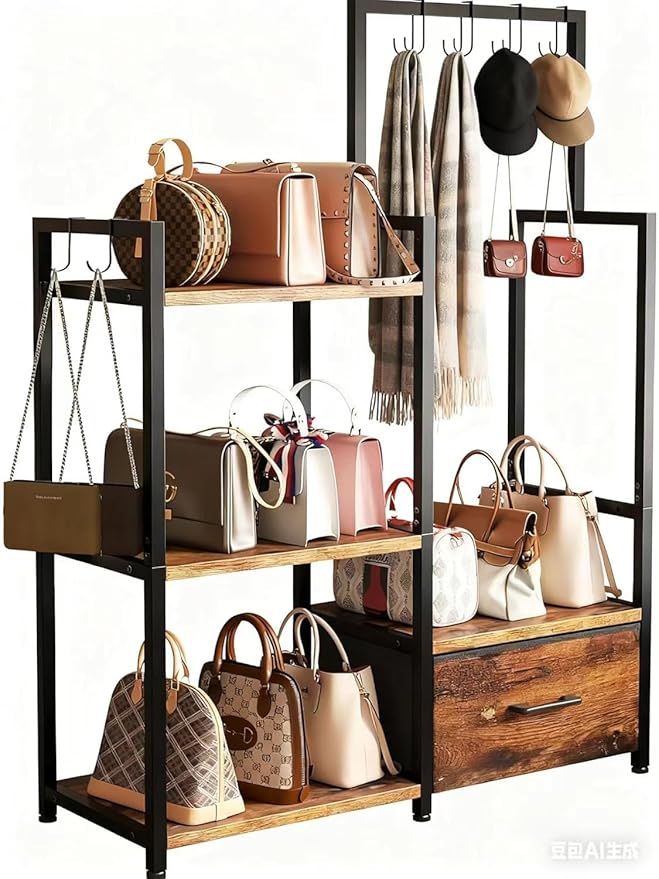 Industrial 4-Tier Storage Shelf with Drawer & Hanging Hooks - Metal & Wood Entryway Organizer Rack for Bedroom, Living Room - Freestanding Clothing Coat Rack with Multi-Level Shelves (Brown)
